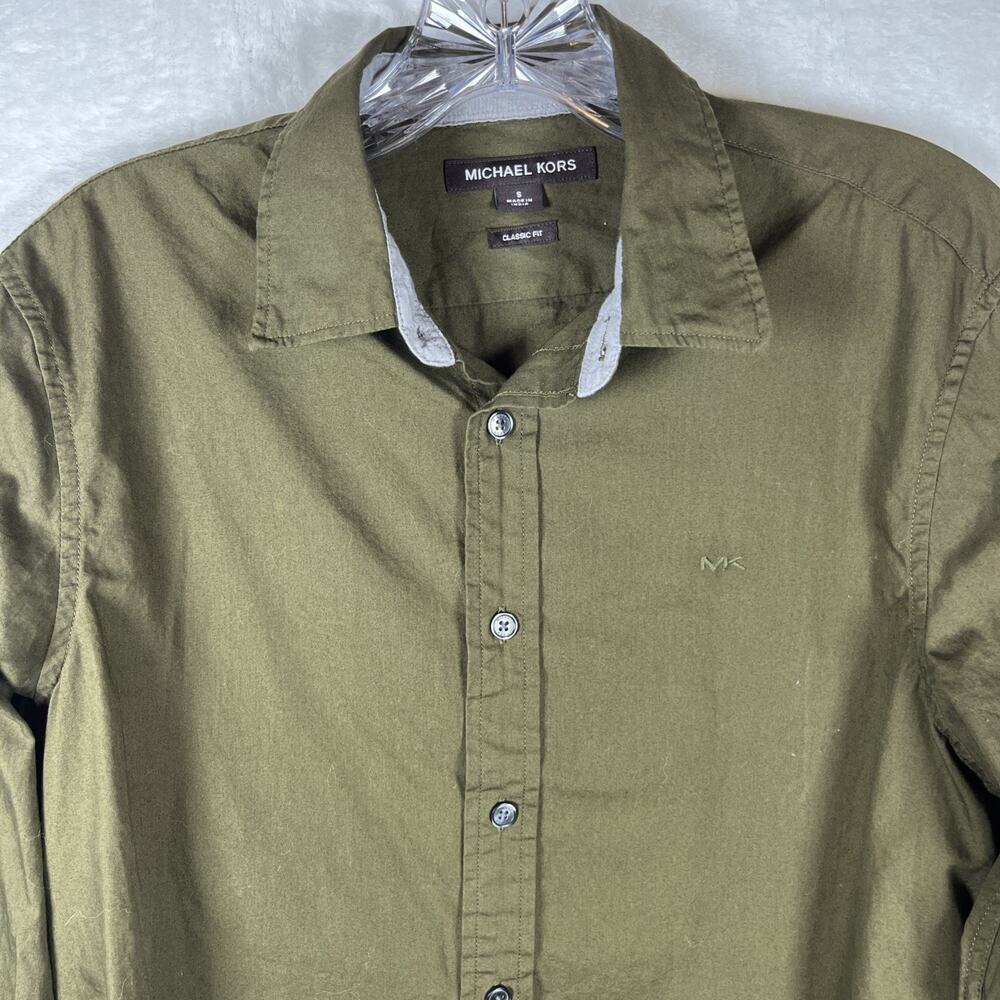 Michael Kors Mens Shirt Small SLIM Fit Olive Green Long Sleeve Cotton Minimalist